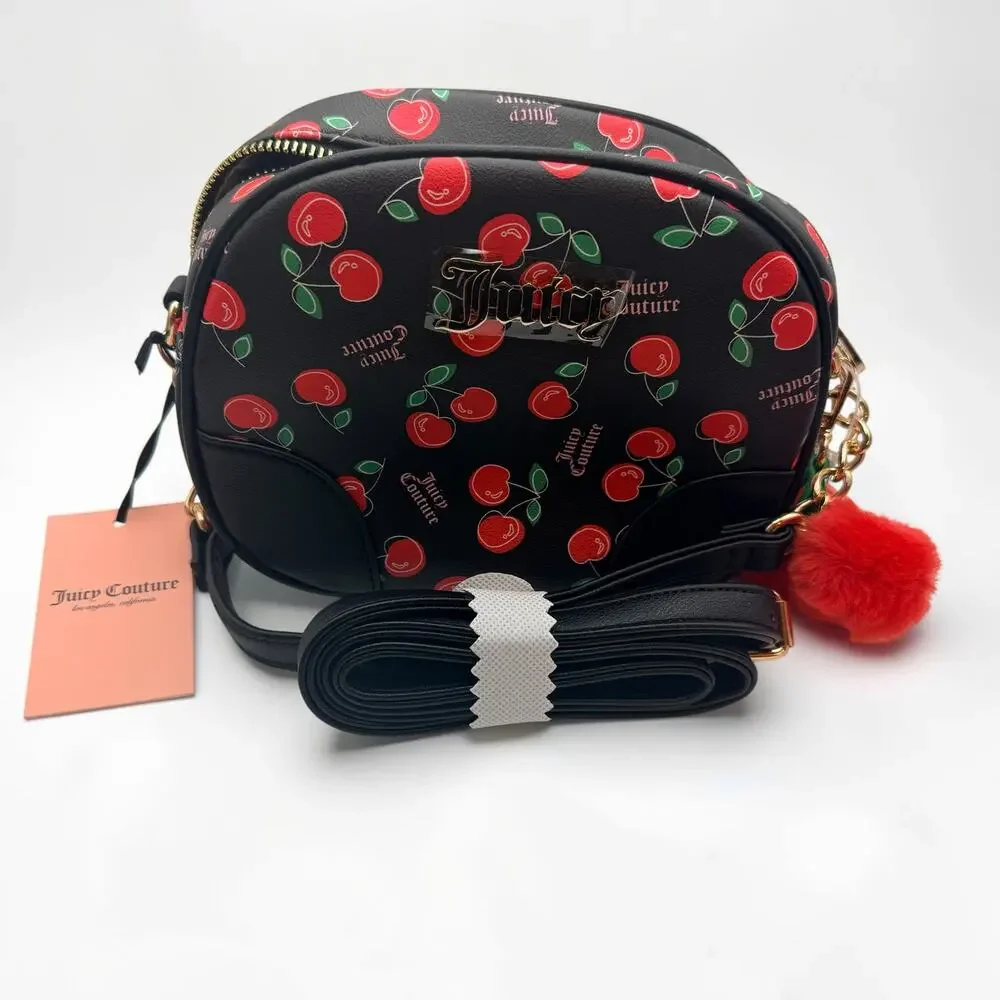 Juicy Couture Cherry Crossbody Bag NWT Black Cherry Print Gold Chain Pom Charm